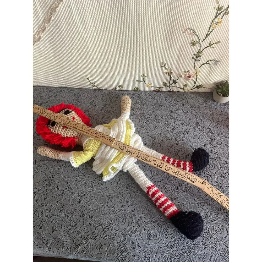 Handmade Crochet Raggedy Ann Style Doll Red Yarn Hair Yellow Dress About 22 In